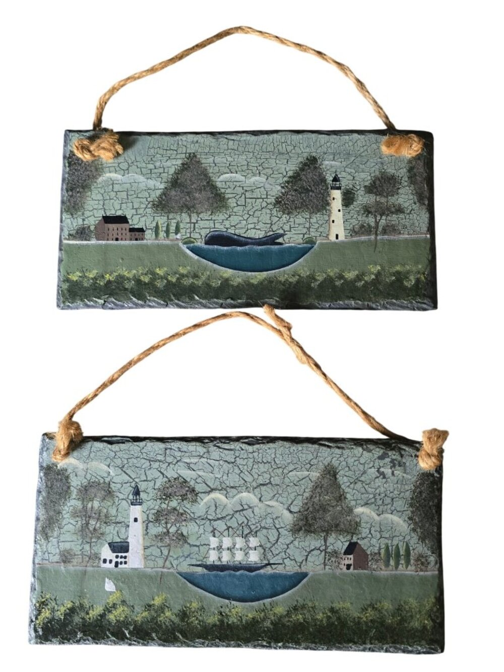 Hand-Painted Coastal Slate Wall Decor Set With Lighthouses & Rope Hangers